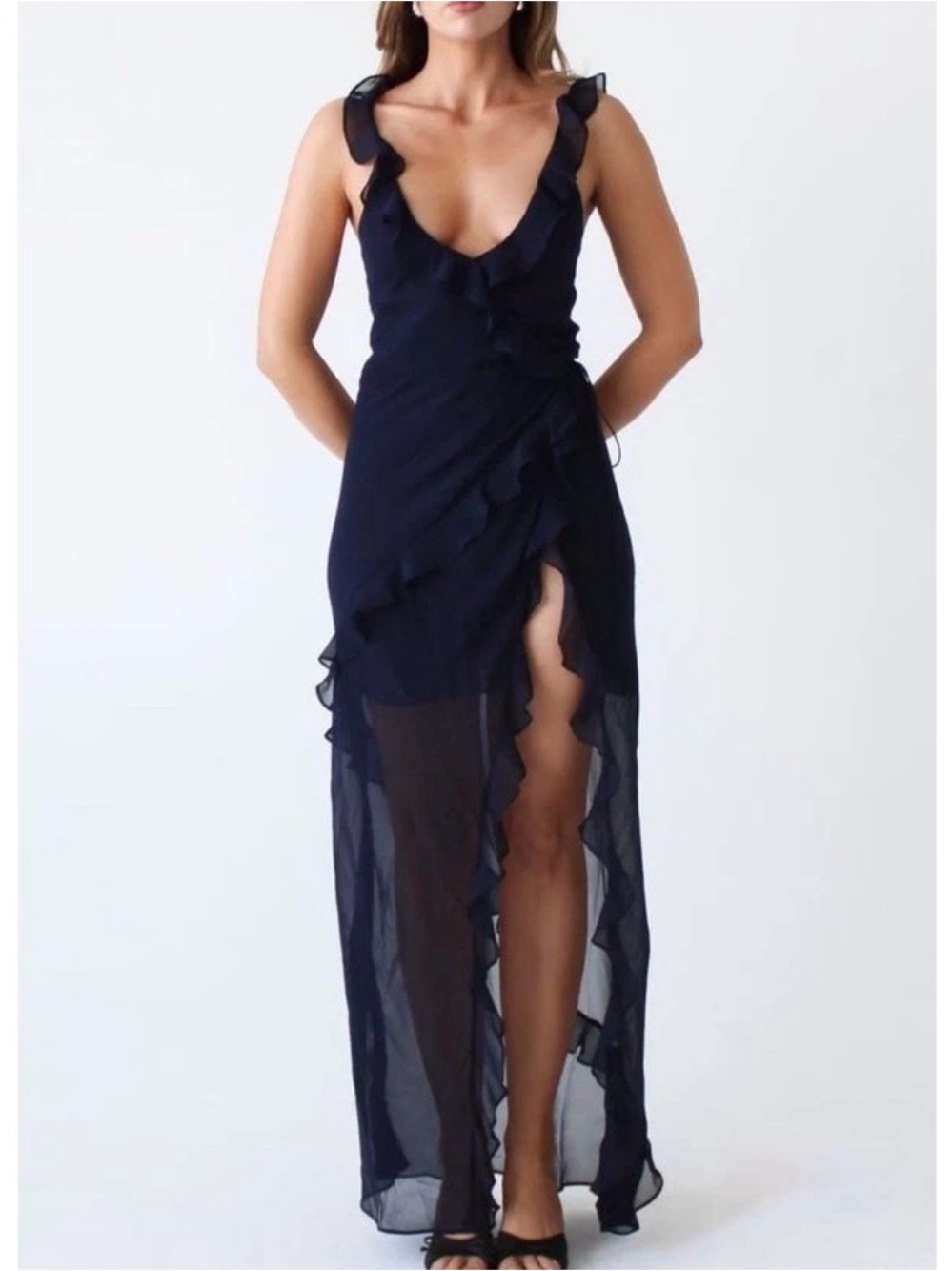 Rumored Just Like Heaven Maxi Wrap Dress Navy Ruffled Party Gala Banquet Size XS